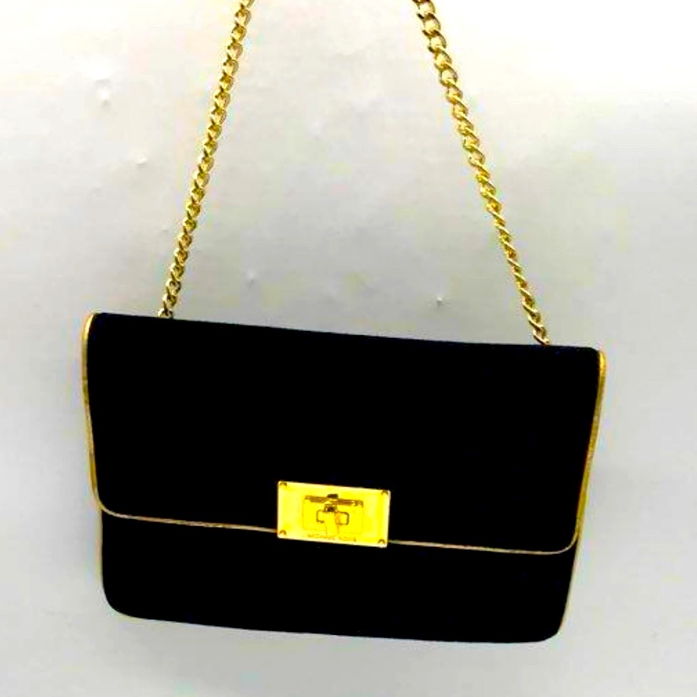 MICHAEL KORS
Sloan Gold Trim Black Suede Gold Chain or Clutch,turn lock